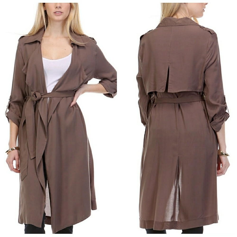 Taupe/brown Draped Belted Trench Coat